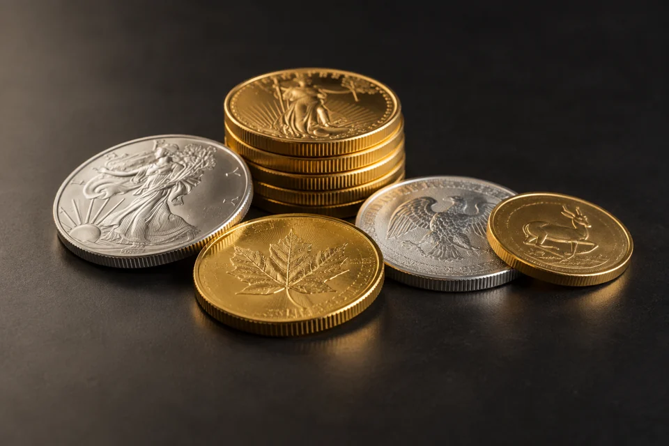 Gold- und Silbermünzen auf dunklem Untergrund