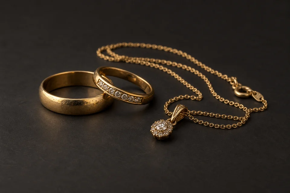 Goldringe, Kette und Anhänger mit Steinen