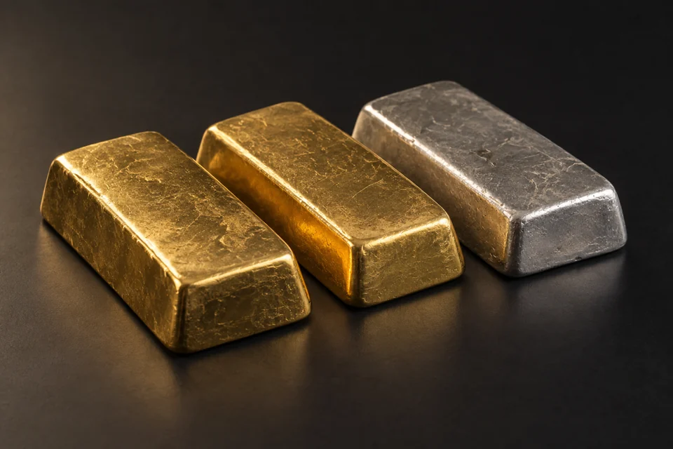 Zwei Goldbarren und ein Silberbarren