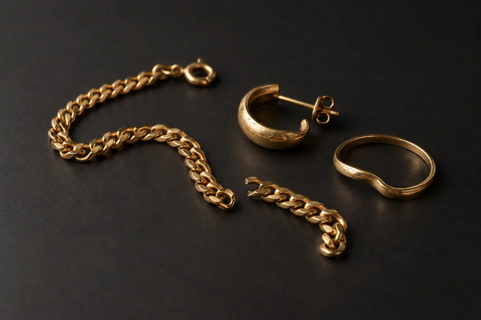 Gerissene Goldkette, einzelner Ohrring und verbogener Ring