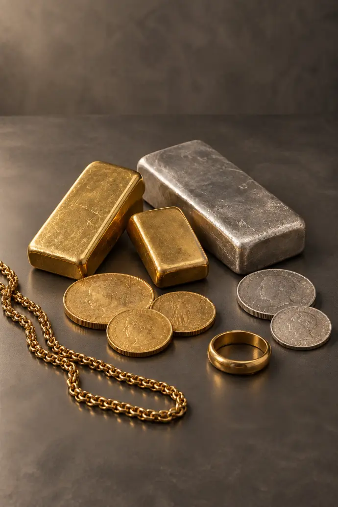 Gold- und Silberbarren, Münzen und Goldschmuck auf warmgrauem Untergrund