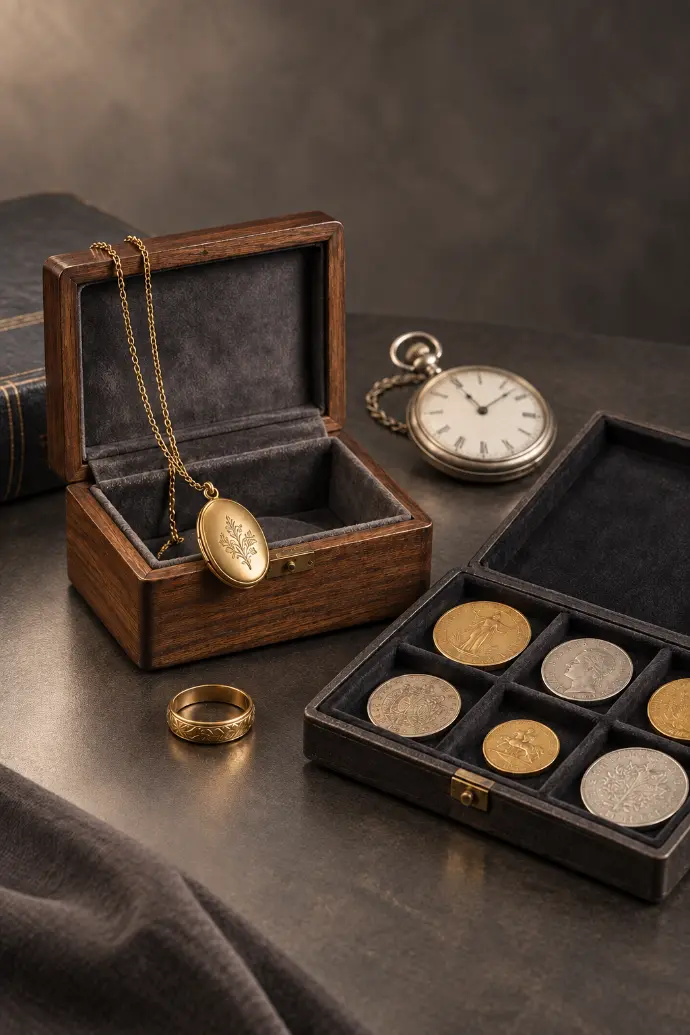 Goldmedaillon, Ring, Taschenuhr und Münzsammlung als persönliche Erbstücke