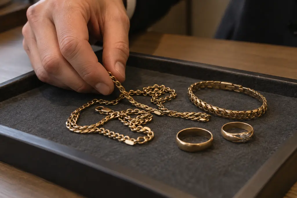 Goldschmuck wird für den Ankauf geprüft