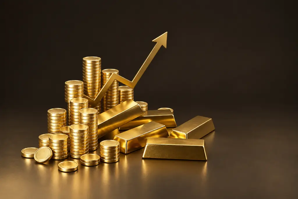 Goldmünzen und Barren mit steigender Wertgrafik